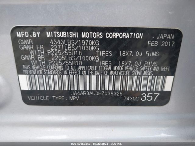 Photo 8 VIN: JA4AR3AU0HZ038326 - MITSUBISHI OUTLANDER SPORT 