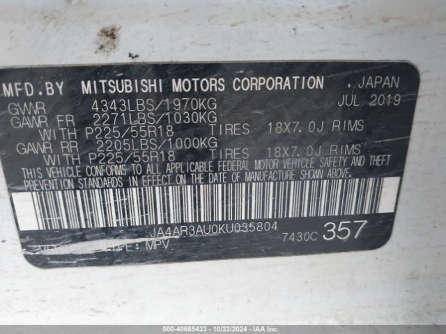 Photo 8 VIN: JA4AR3AU0KU035804 - MITSUBISHI OUTLANDER SPORT 