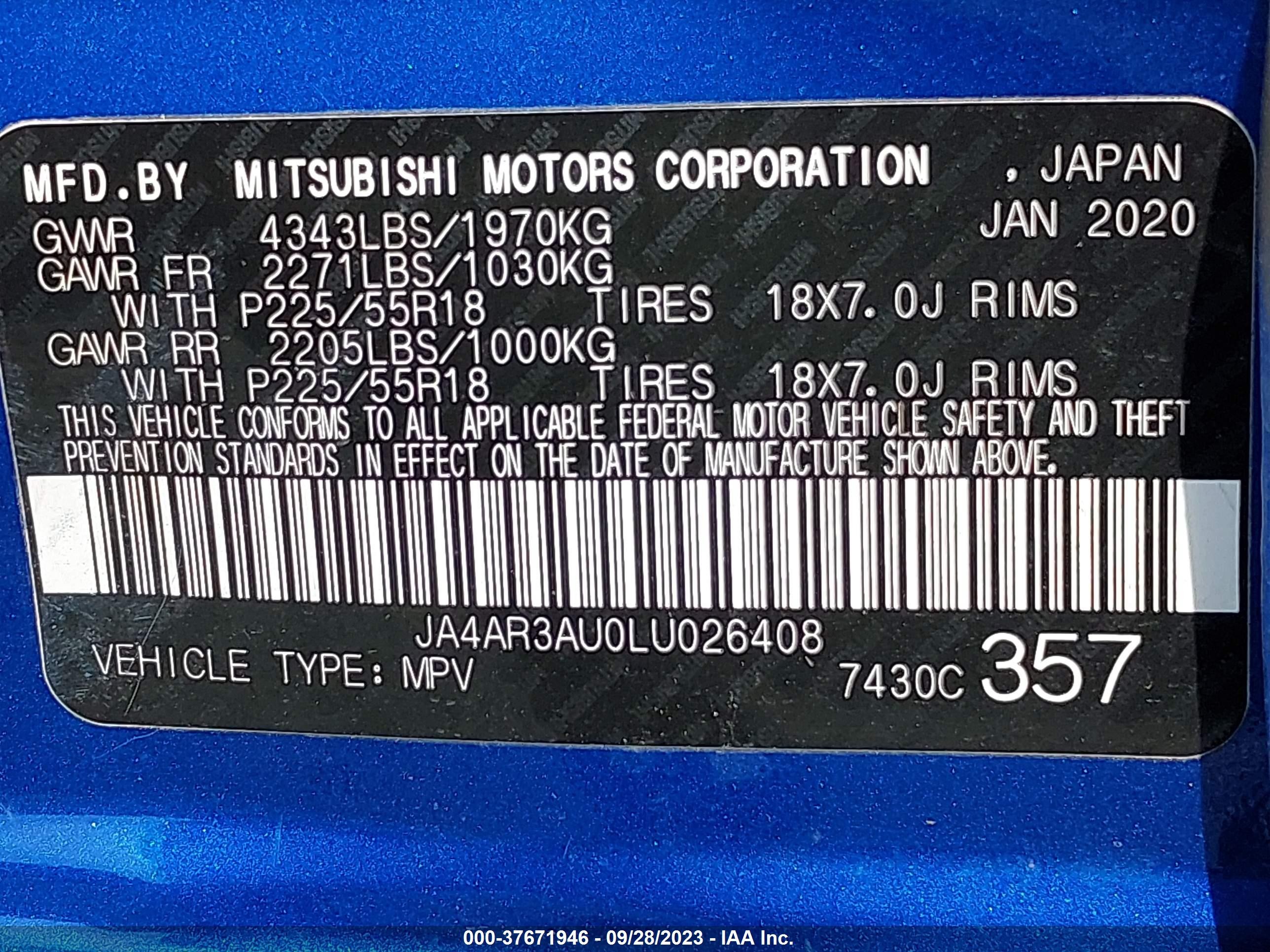 Photo 8 VIN: JA4AR3AU0LU026408 - MITSUBISHI OUTLANDER 