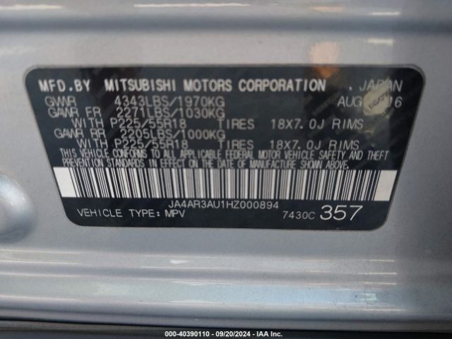 Photo 8 VIN: JA4AR3AU1HZ000894 - MITSUBISHI OUTLANDER SPORT 