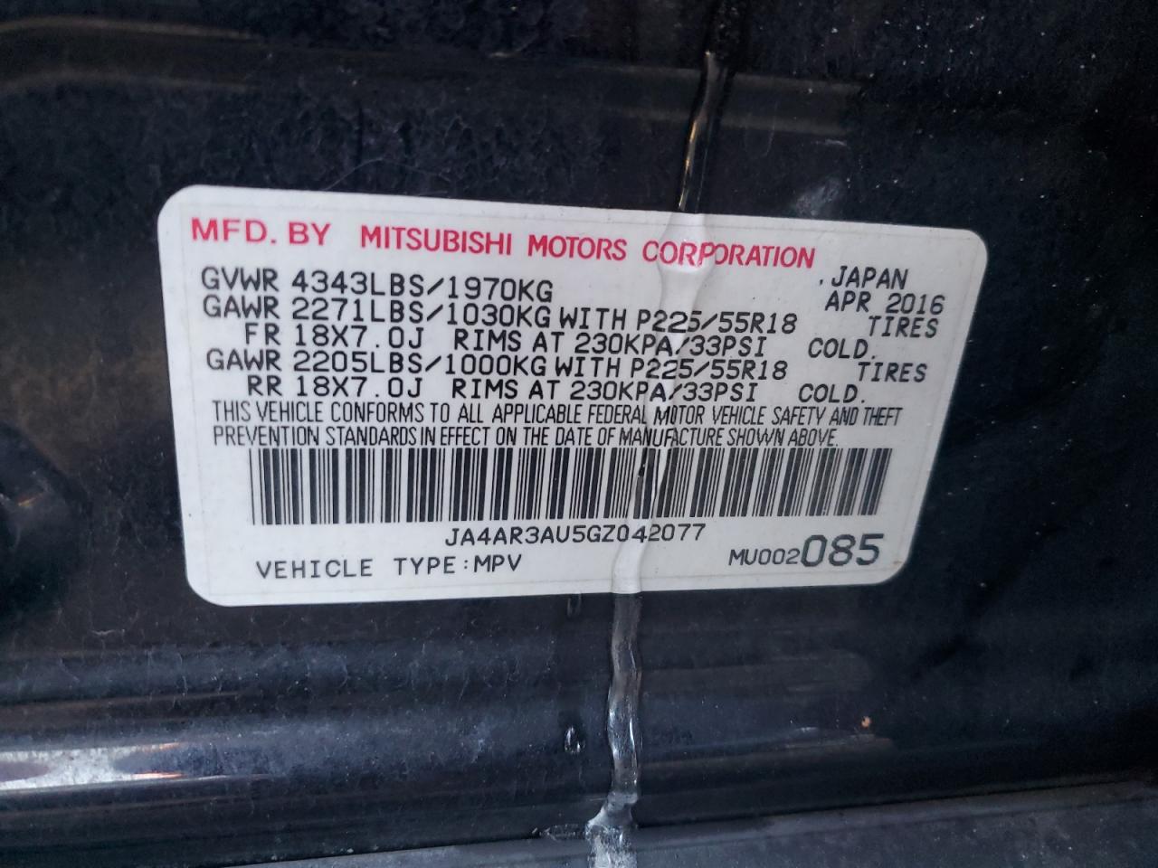 Photo 12 VIN: JA4AR3AU5GZ042077 - MITSUBISHI OUTLANDER 