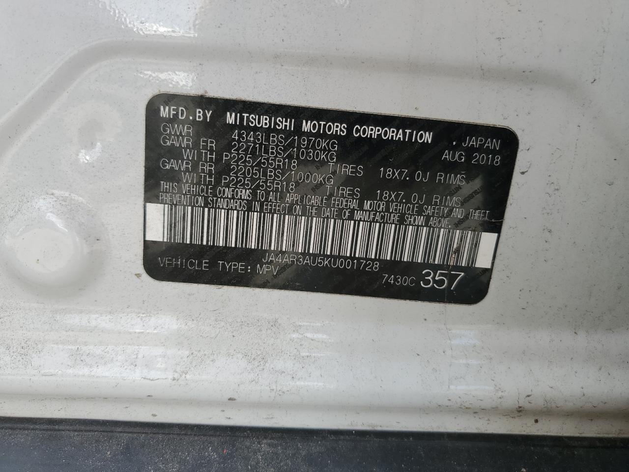 Photo 12 VIN: JA4AR3AU5KU001728 - MITSUBISHI OUTLANDER 