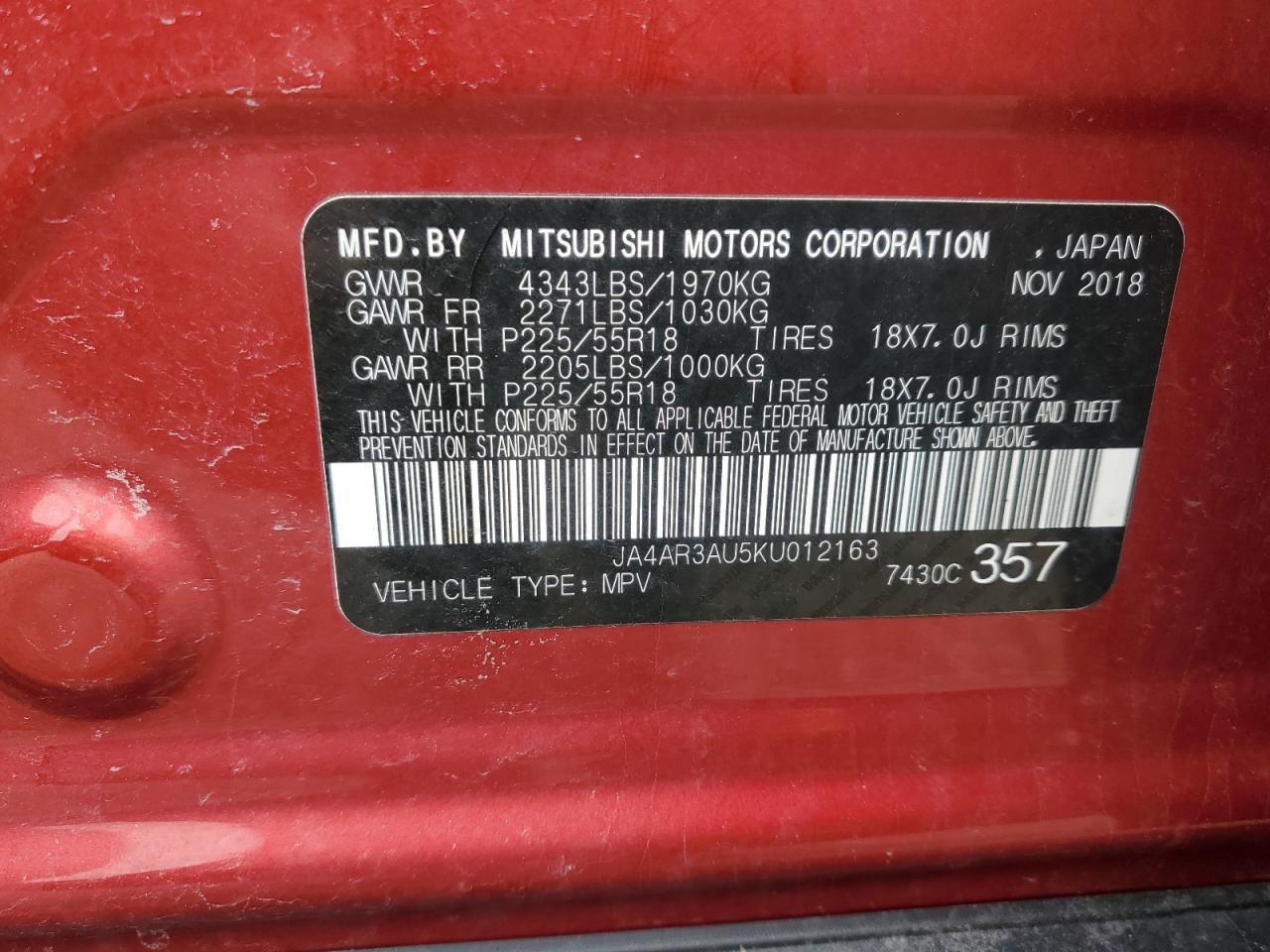 Photo 11 VIN: JA4AR3AU5KU012163 - MITSUBISHI OUTLANDER 