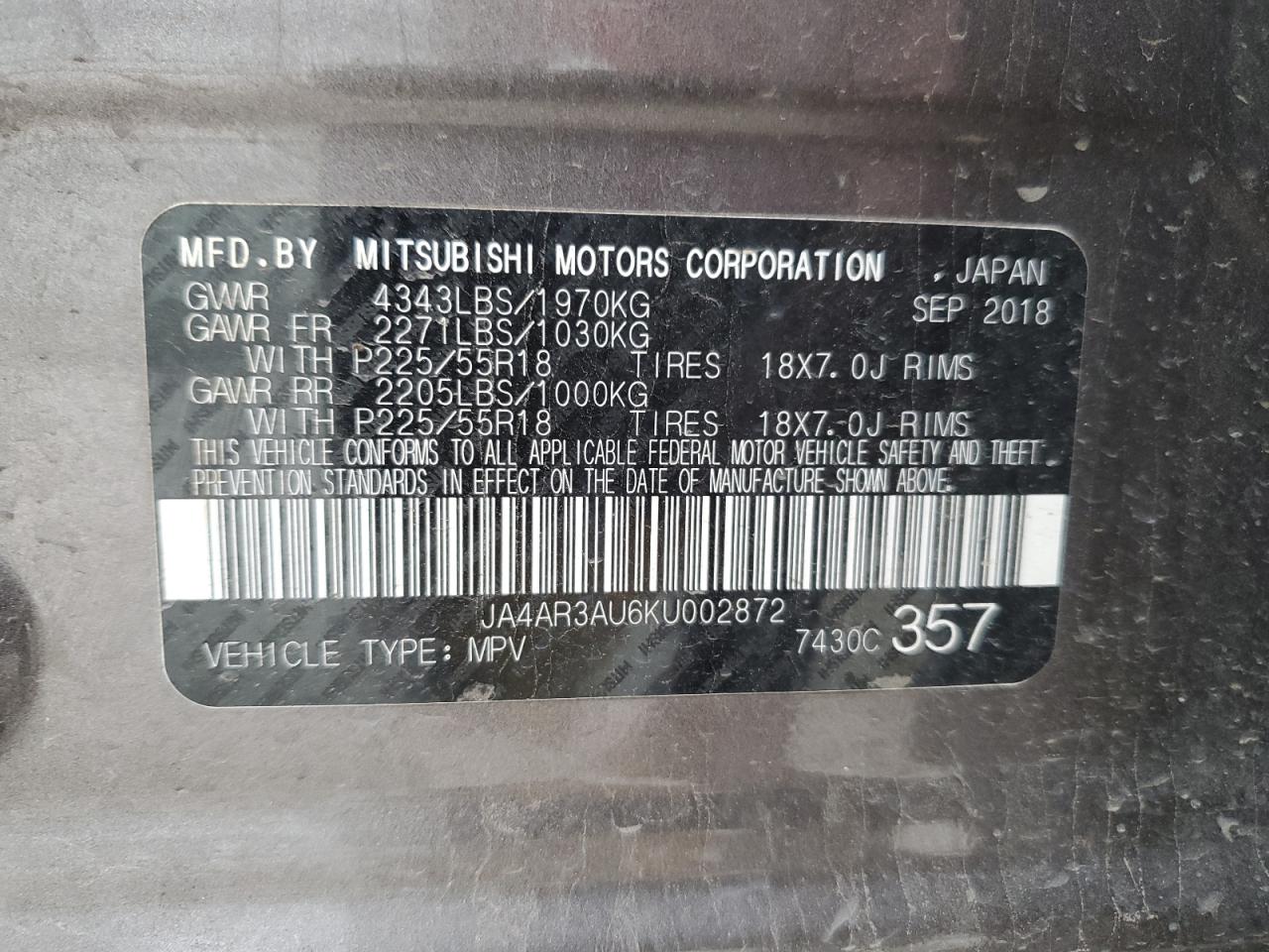 Photo 12 VIN: JA4AR3AU6KU002872 - MITSUBISHI OUTLANDER 