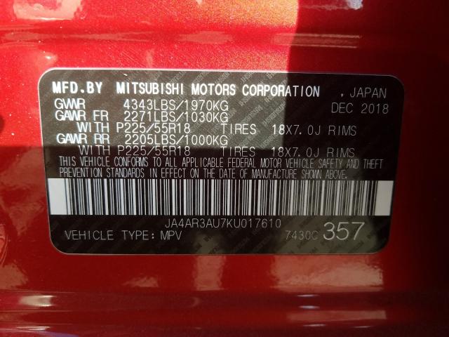 Photo 9 VIN: JA4AR3AU7KU017610 - MITSUBISHI OUTLANDER SPORT 