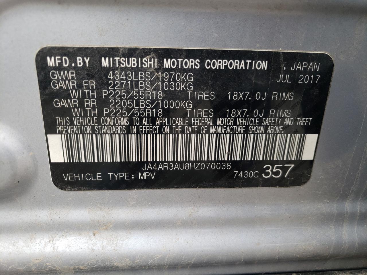 Photo 12 VIN: JA4AR3AU8HZ070036 - MITSUBISHI OUTLANDER 