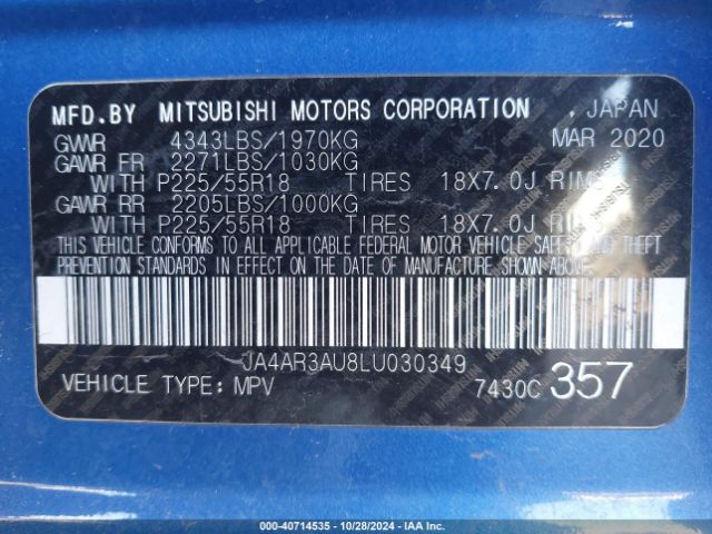 Photo 8 VIN: JA4AR3AU8LU030349 - MITSUBISHI OUTLANDER SPORT 