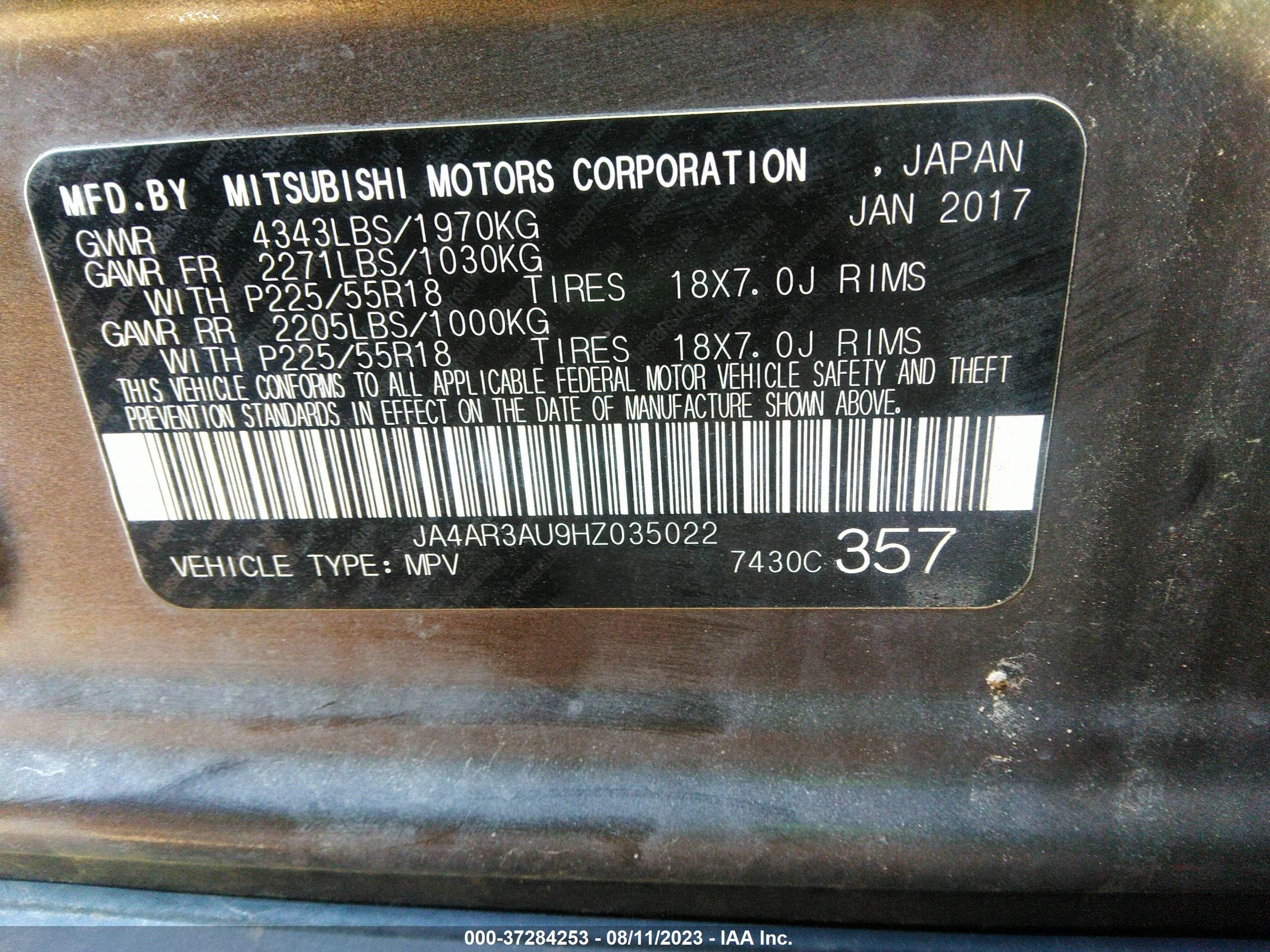 Photo 8 VIN: JA4AR3AU9HZ035022 - MITSUBISHI OUTLANDER 