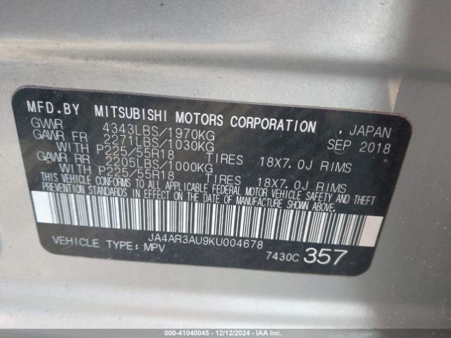 Photo 8 VIN: JA4AR3AU9KU004678 - MITSUBISHI OUTLANDER SPORT 