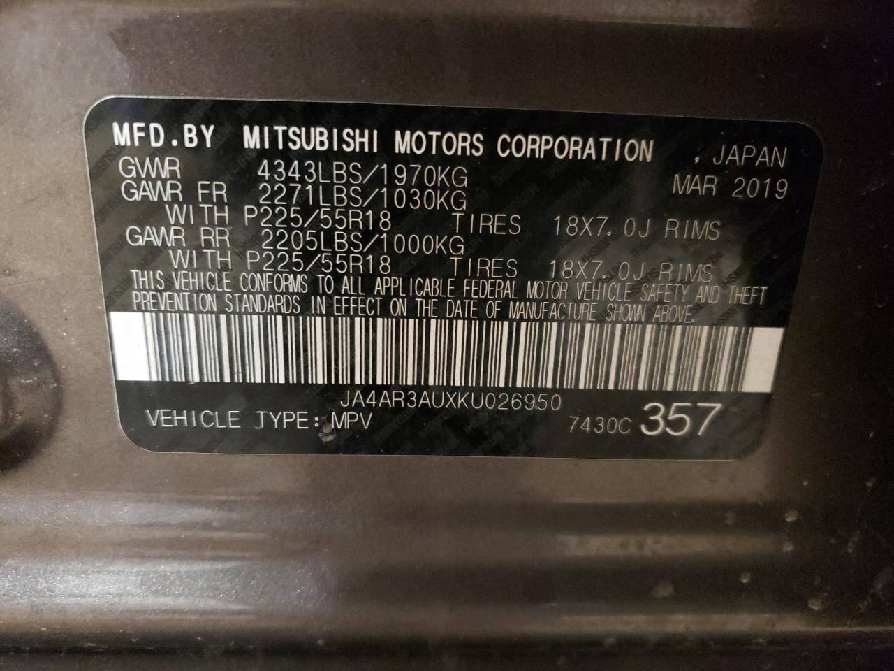 Photo 13 VIN: JA4AR3AUXKU026950 - MITSUBISHI OUTLANDER 