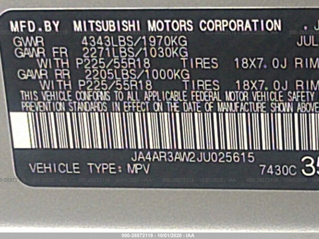 Photo 8 VIN: JA4AR3AW2JU025615 - MITSUBISHI OUTLANDER SPORT 