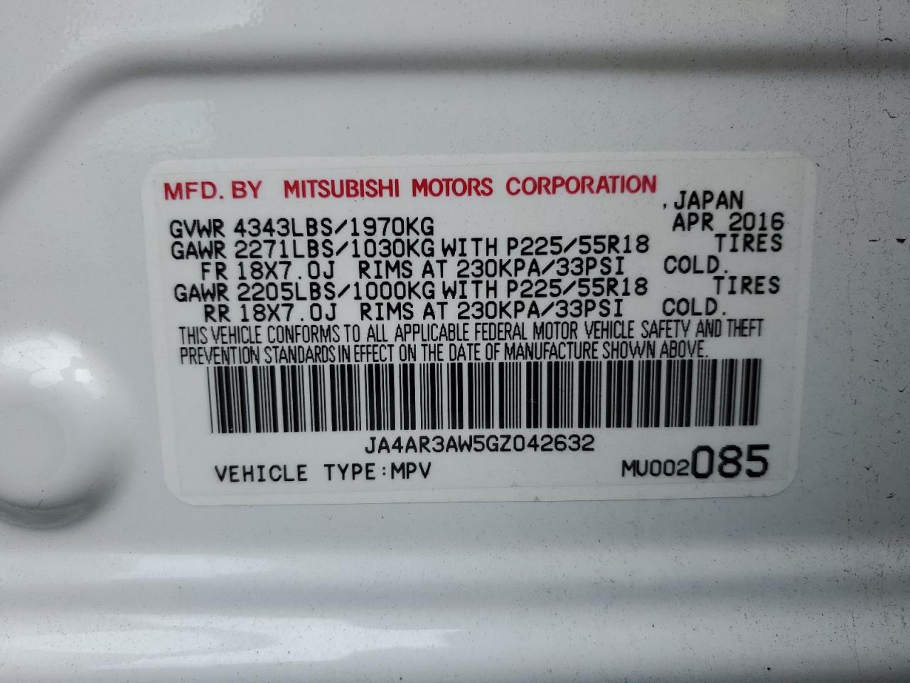 Photo 12 VIN: JA4AR3AW5GZ042632 - MITSUBISHI OUTLANDER 