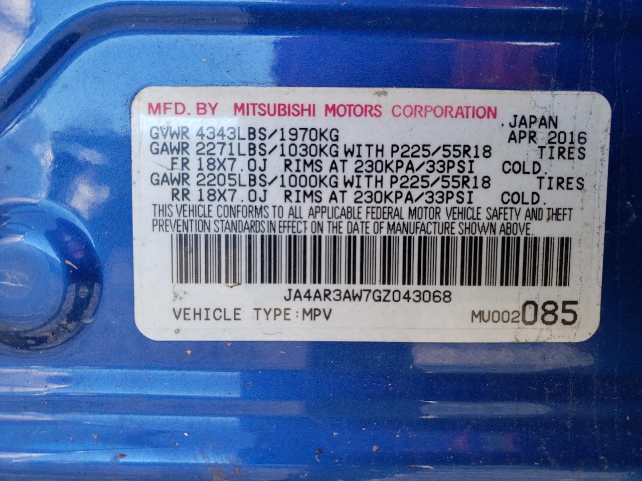 Photo 12 VIN: JA4AR3AW7GZ043068 - MITSUBISHI OUTLANDER 