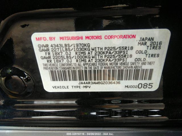 Photo 8 VIN: JA4AR3AW8GZ036436 - MITSUBISHI OUTLANDER SPORT 