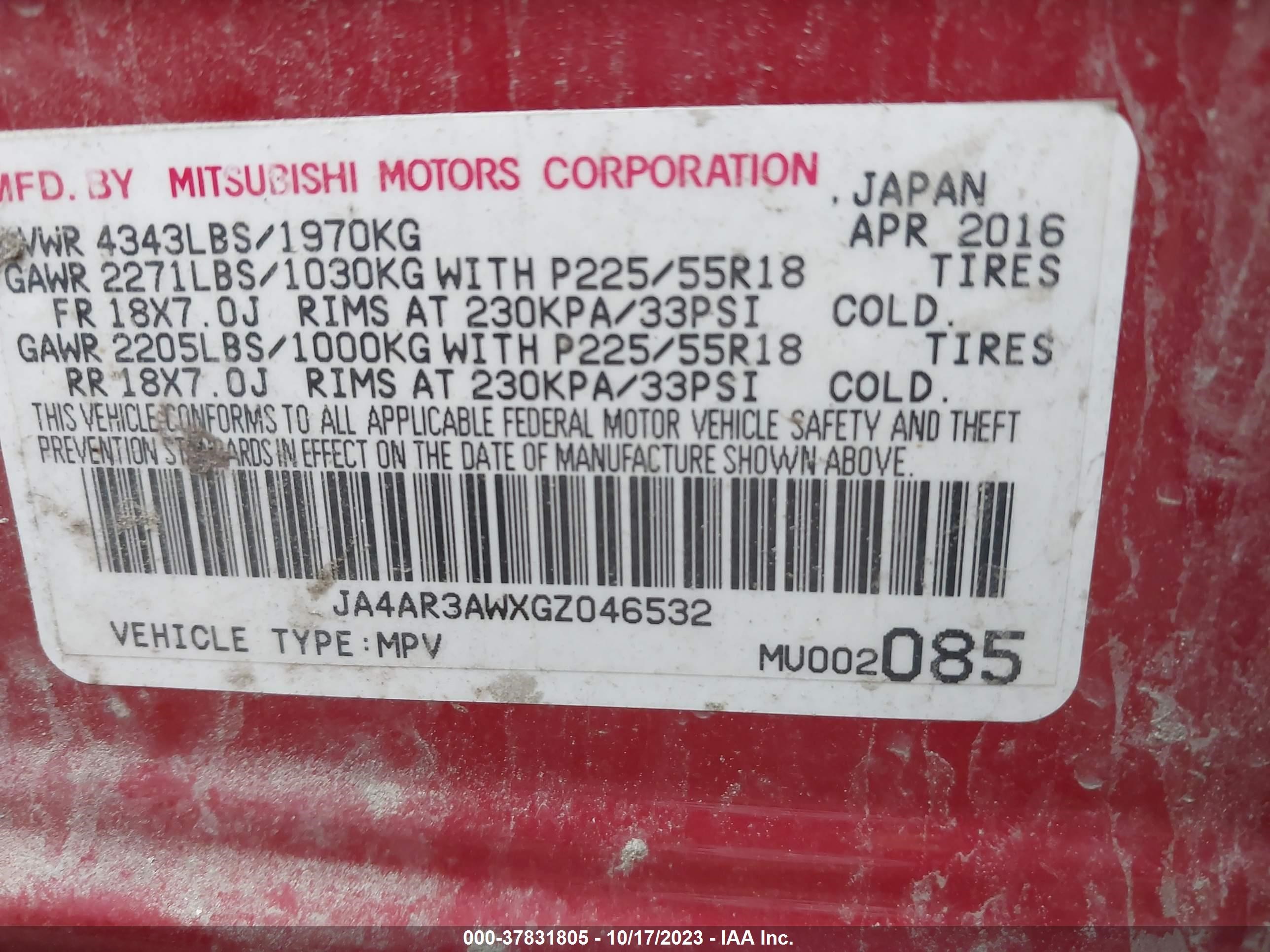 Photo 8 VIN: JA4AR3AWXGZ046532 - MITSUBISHI OUTLANDER 