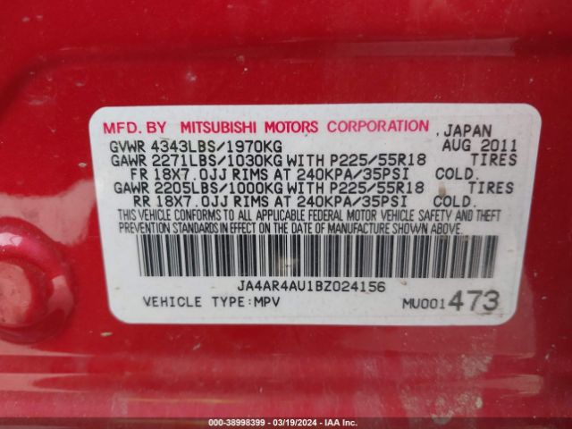 Photo 8 VIN: JA4AR4AU1BZ024156 - MITSUBISHI OUTLANDER SPORT 