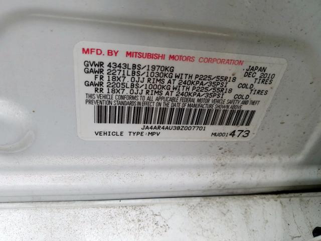 Photo 9 VIN: JA4AR4AU3BZ007701 - MITSUBISHI OUTLANDER 