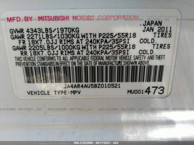 Photo 8 VIN: JA4AR4AU5BZ010521 - MITSUBISHI OUTLANDER SPORT 