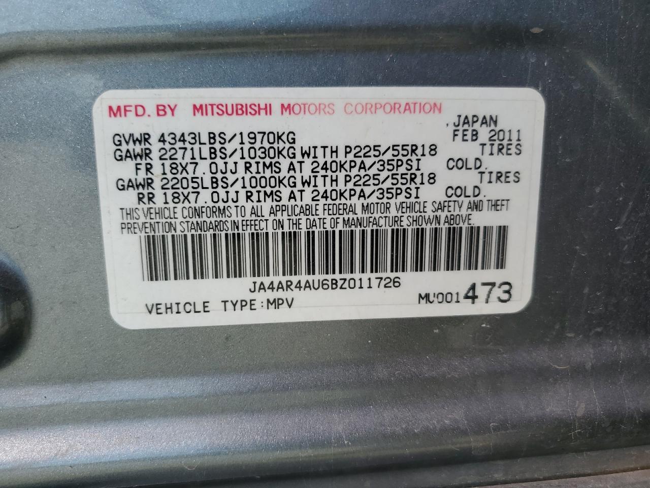 Photo 12 VIN: JA4AR4AU6BZ011726 - MITSUBISHI OUTLANDER 