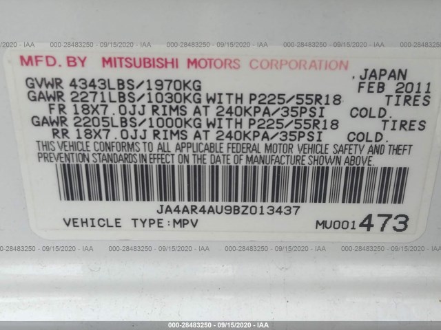 Photo 8 VIN: JA4AR4AU9BZ013437 - MITSUBISHI OUTLANDER SPORT 