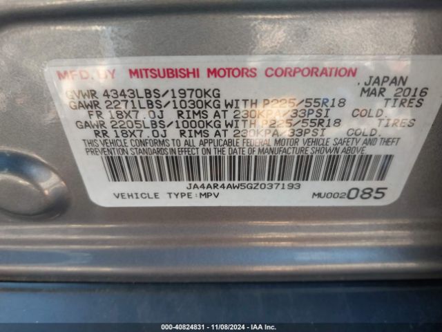 Photo 8 VIN: JA4AR4AW5GZ037193 - MITSUBISHI OUTLANDER SPORT 