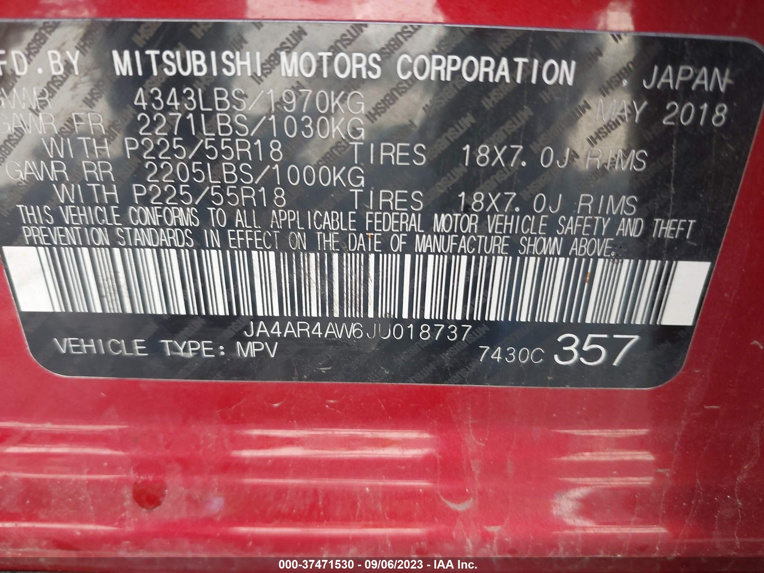 Photo 8 VIN: JA4AR4AW6JU018737 - MITSUBISHI OUTLANDER 