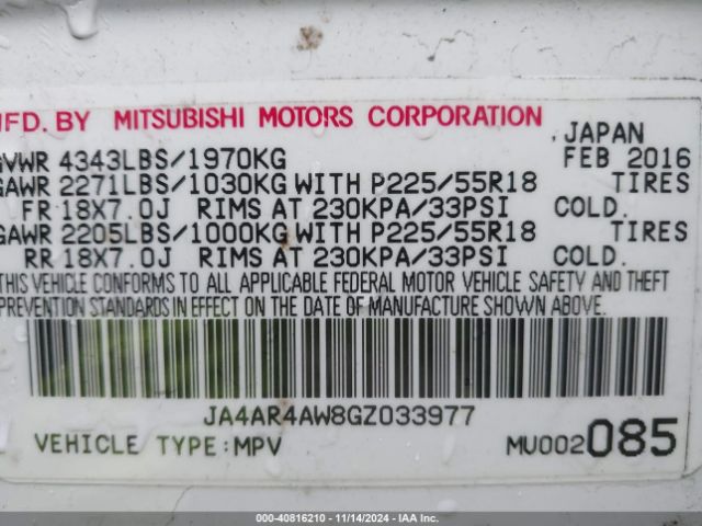 Photo 8 VIN: JA4AR4AW8GZ033977 - MITSUBISHI OUTLANDER SPORT 