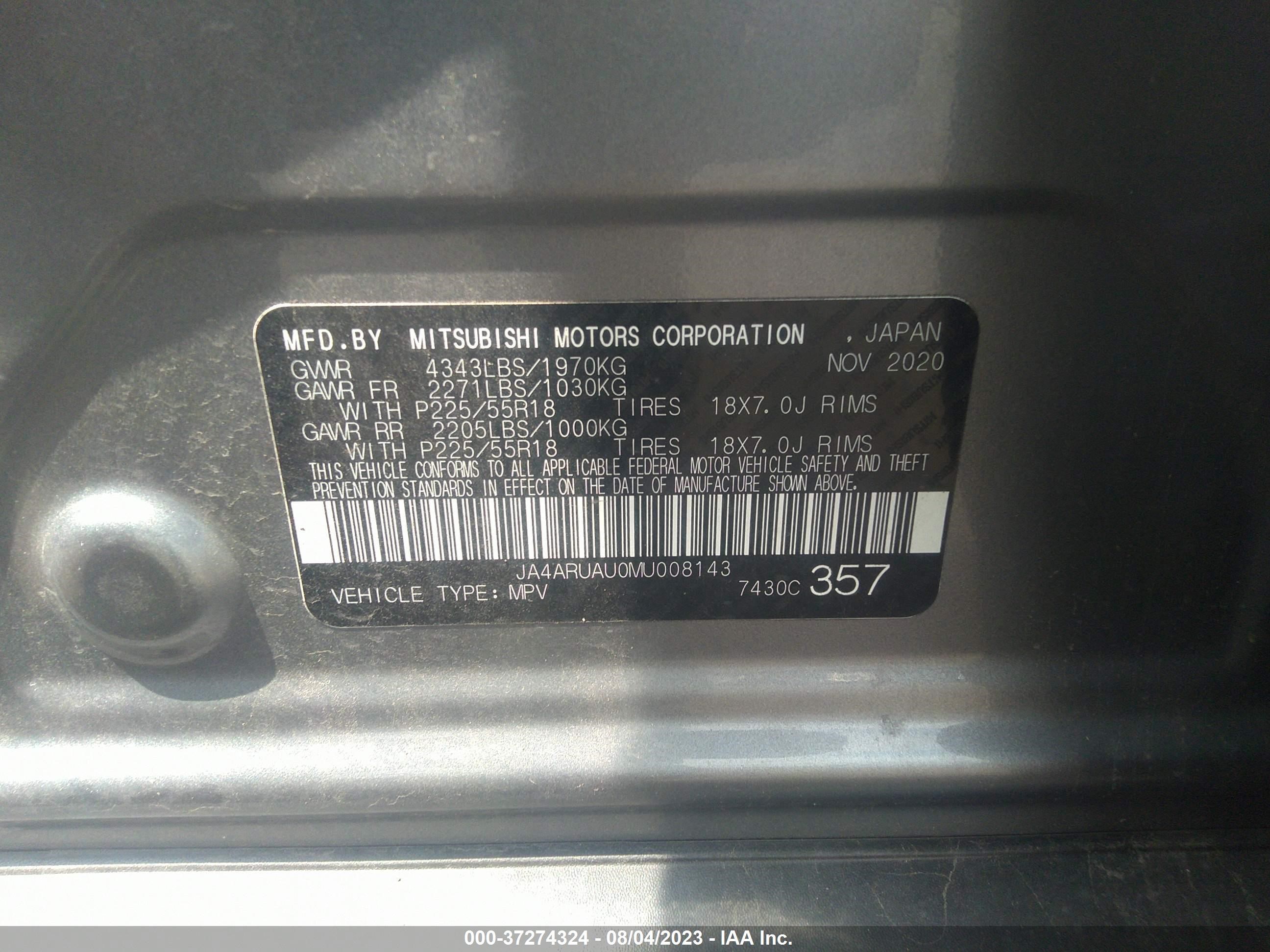 Photo 8 VIN: JA4ARUAU0MU008143 - MITSUBISHI OUTLANDER 