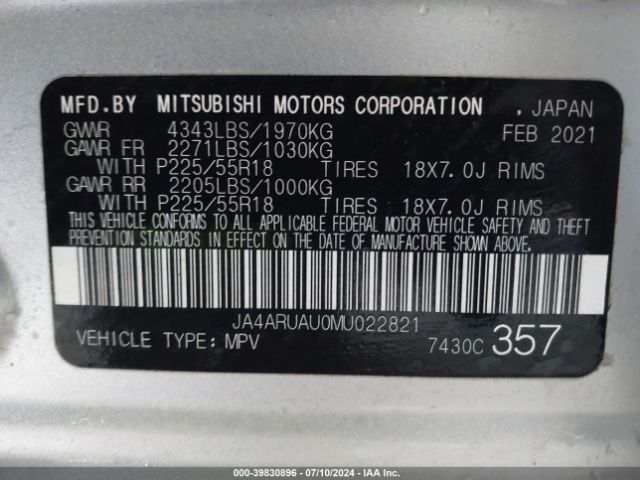 Photo 8 VIN: JA4ARUAU0MU022821 - MITSUBISHI OUTLANDER SPORT 