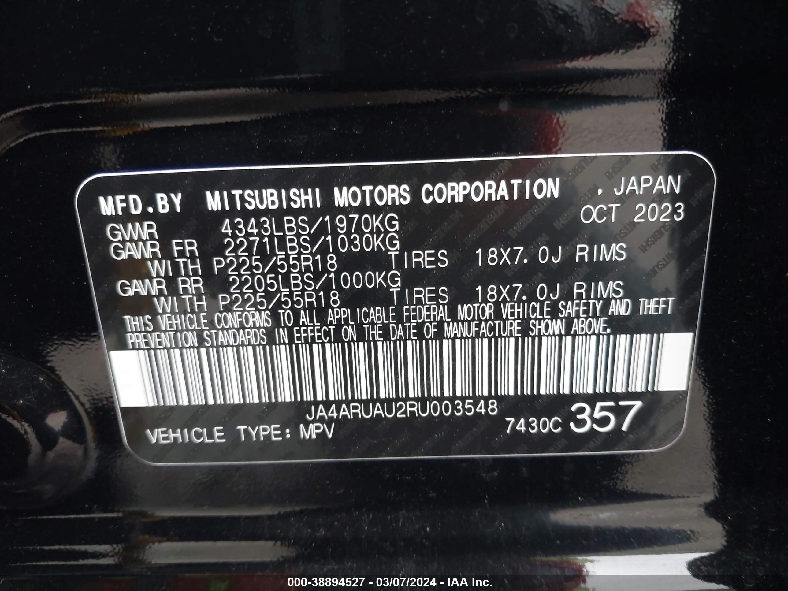 Photo 8 VIN: JA4ARUAU2RU003548 - MITSUBISHI OUTLANDER 