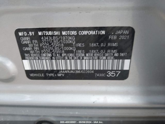 Photo 8 VIN: JA4ARUAU3MU022604 - MITSUBISHI OUTLANDER SPORT 