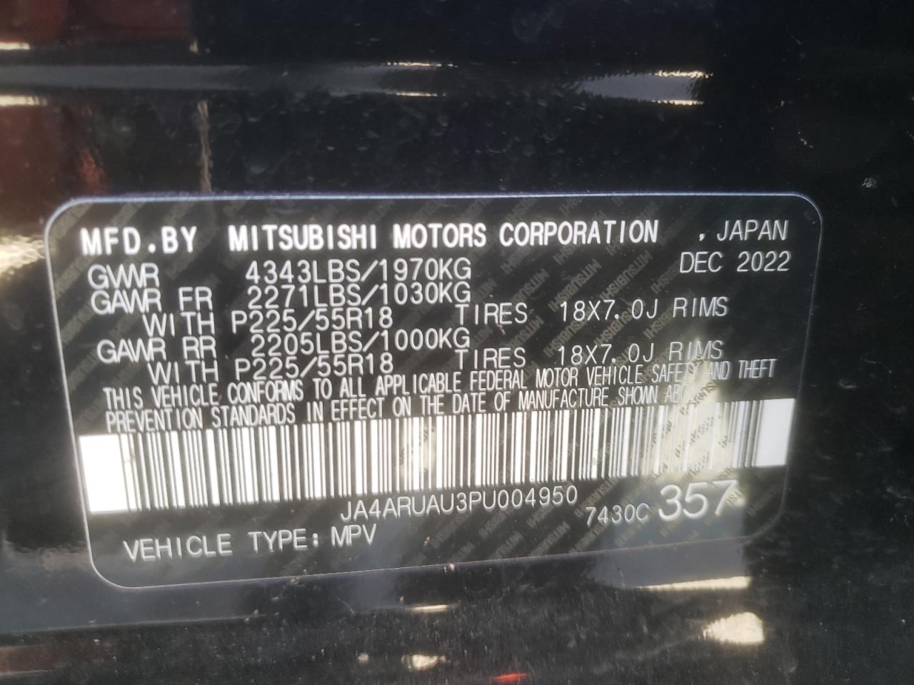 Photo 12 VIN: JA4ARUAU3PU004950 - MITSUBISHI OUTLANDER 