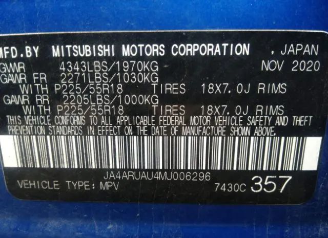 Photo 8 VIN: JA4ARUAU4MU006296 - MITSUBISHI OUTLANDER SPORT 