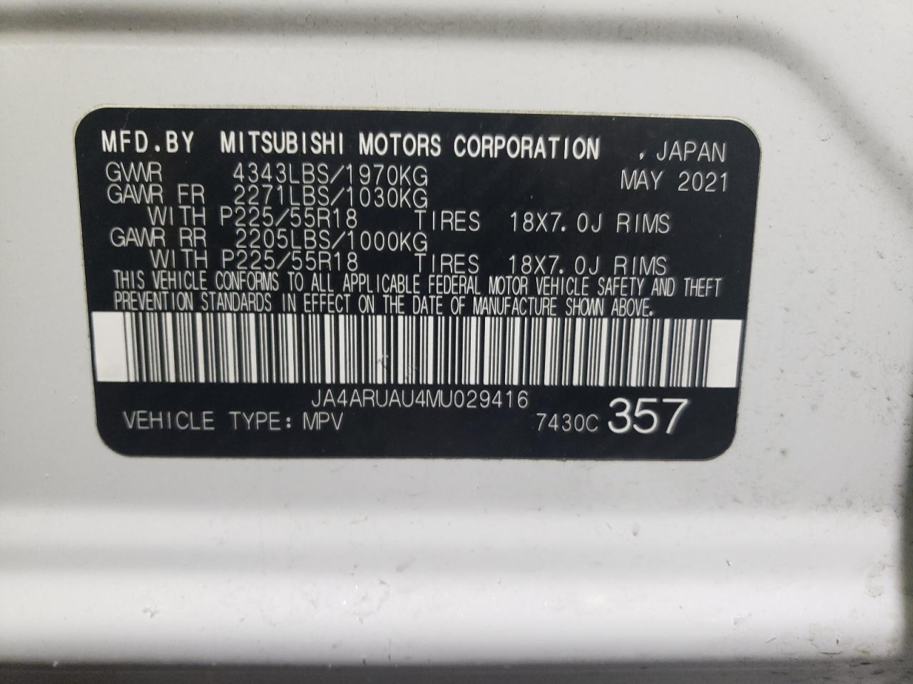 Photo 12 VIN: JA4ARUAU4MU029416 - MITSUBISHI OUTLANDER 