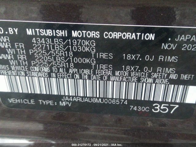 Photo 8 VIN: JA4ARUAU6MU006574 - MITSUBISHI OUTLANDER SPORT 