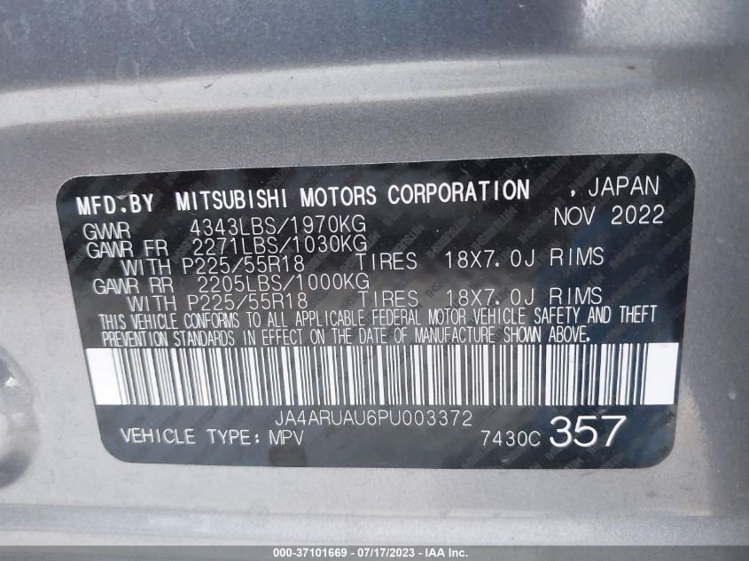 Photo 8 VIN: JA4ARUAU6PU003372 - MITSUBISHI OUTLANDER 