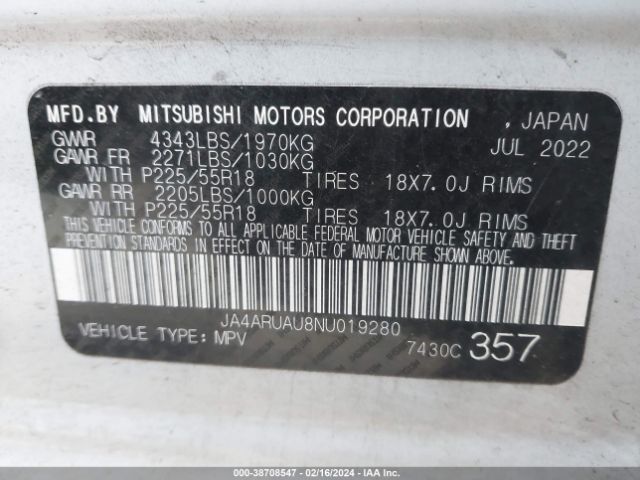 Photo 8 VIN: JA4ARUAU8NU019280 - MITSUBISHI OUTLANDER SPORT 