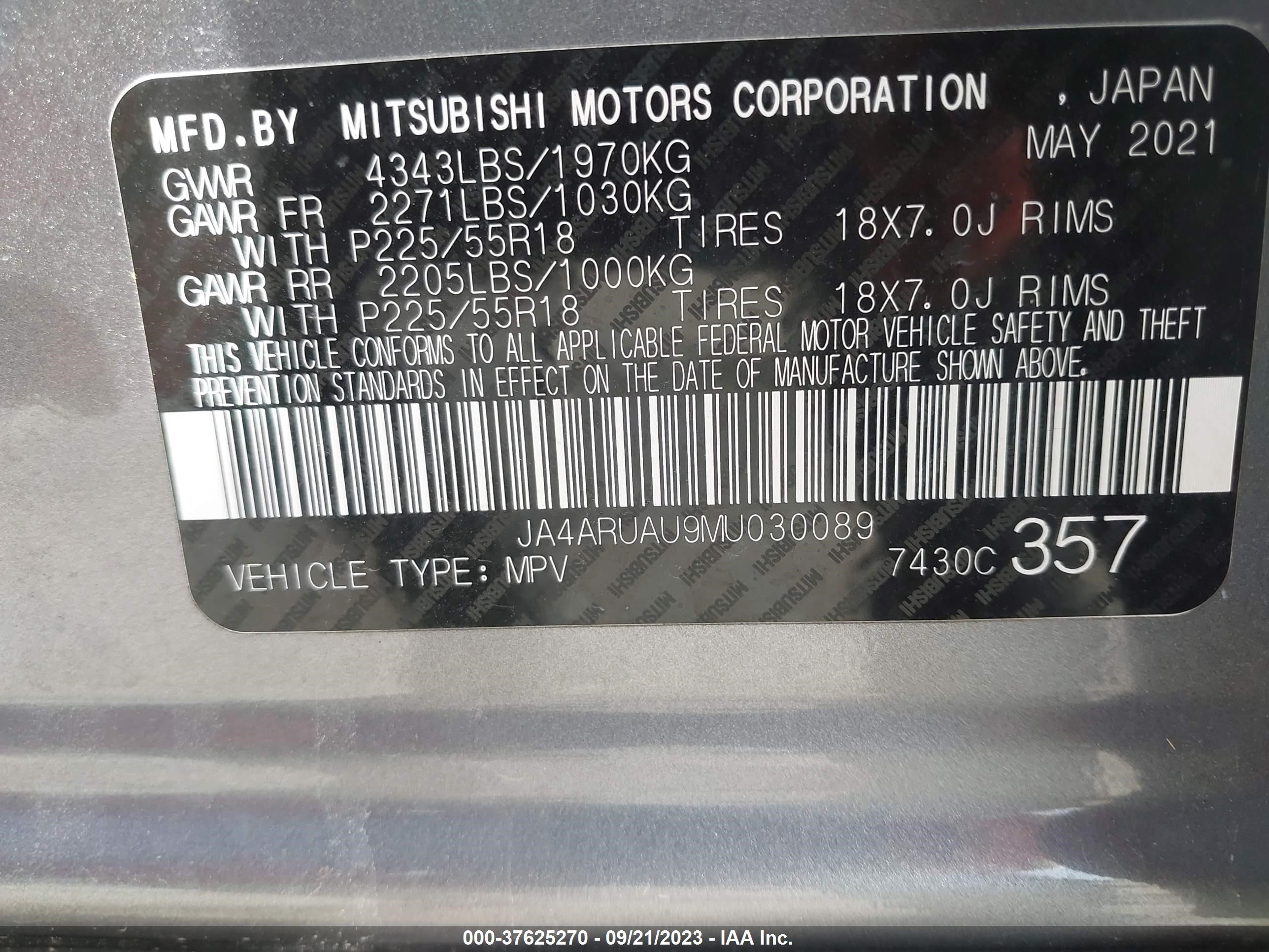 Photo 8 VIN: JA4ARUAU9MU030089 - MITSUBISHI OUTLANDER 