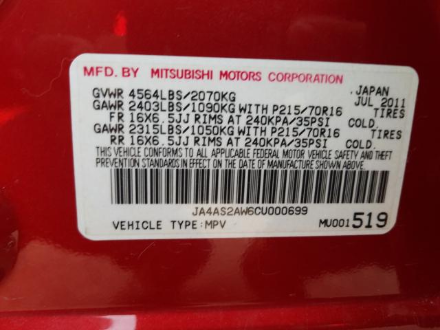 Photo 9 VIN: JA4AS2AW6CU000699 - MITSUBISHI OUTLANDER 