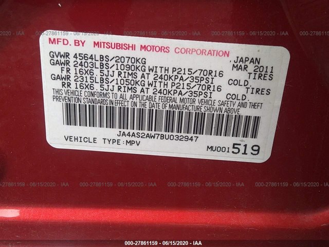 Photo 8 VIN: JA4AS2AW7BU032947 - MITSUBISHI OUTLANDER 