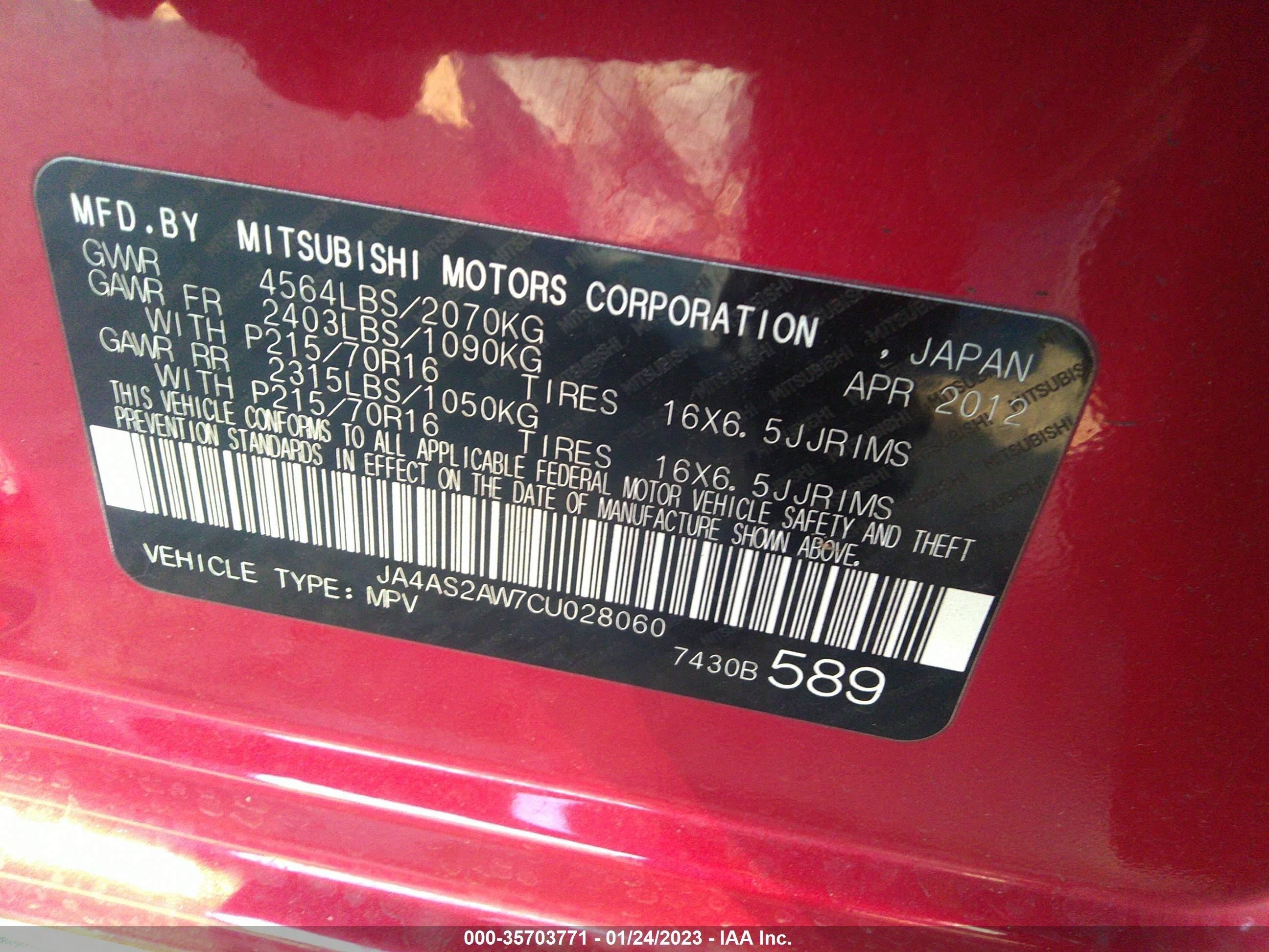 Photo 8 VIN: JA4AS2AW7CU028060 - MITSUBISHI OUTLANDER 