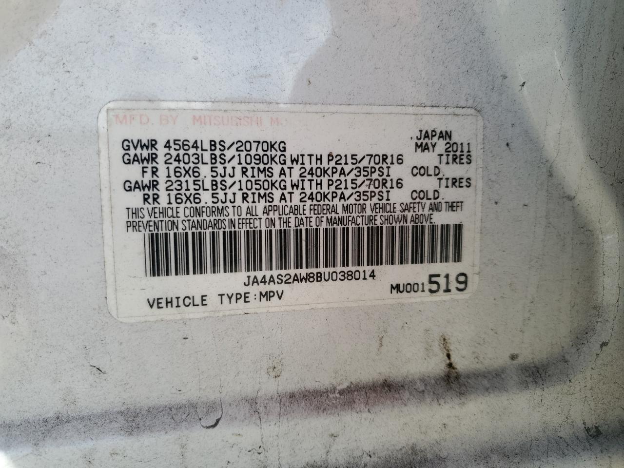 Photo 11 VIN: JA4AS2AW8BU038014 - MITSUBISHI OUTLANDER 