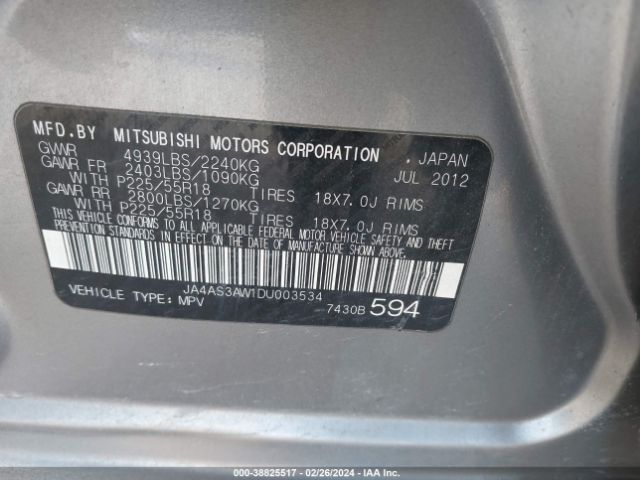 Photo 8 VIN: JA4AS3AW1DU003534 - MITSUBISHI OUTLANDER 