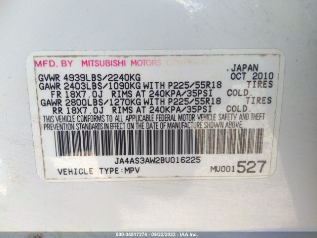 Photo 8 VIN: JA4AS3AW2BU016225 - MITSUBISHI OUTLANDER 