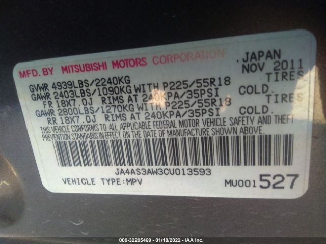 Photo 8 VIN: JA4AS3AW3CU013593 - MITSUBISHI OUTLANDER 