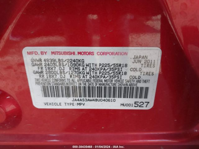 Photo 8 VIN: JA4AS3AW4BU040610 - MITSUBISHI OUTLANDER 