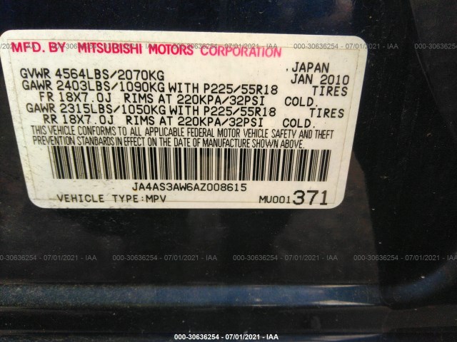 Photo 8 VIN: JA4AS3AW6AZ008615 - MITSUBISHI OUTLANDER 