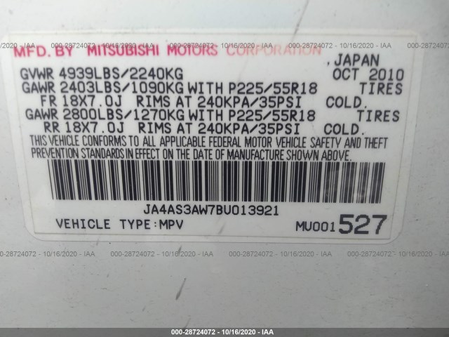 Photo 8 VIN: JA4AS3AW7BU013921 - MITSUBISHI OUTLANDER 