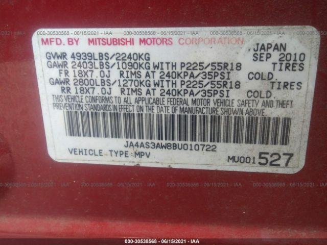 Photo 8 VIN: JA4AS3AW8BU010722 - MITSUBISHI OUTLANDER 