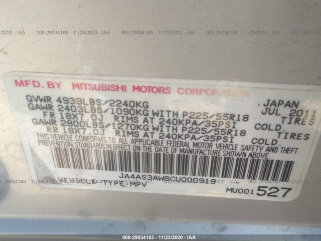 Photo 8 VIN: JA4AS3AW8CU000919 - MITSUBISHI OUTLANDER 